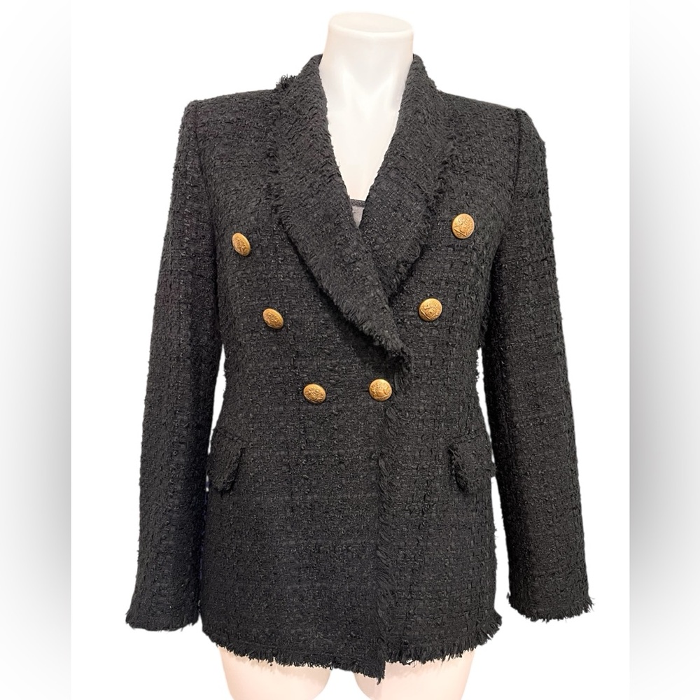 Zara Black Tweed Textured Double Breasted Blazer With Gold Button Accents Size M